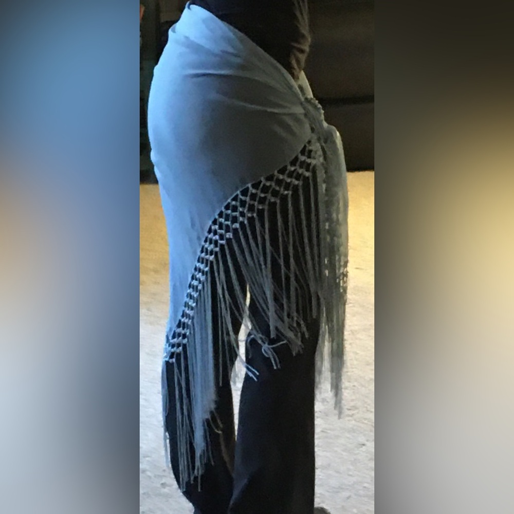 Light Blue Fringe Hip Scarf /Sarong With white pearls - Picture 3 of 10